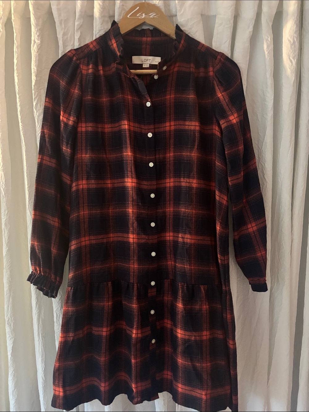LOFT Navy  and Red Plaid Long-Sleeve Button-Front Dress